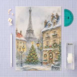 Papel De Seda Navidad en París Escena en Acuarela de la Torre Ei