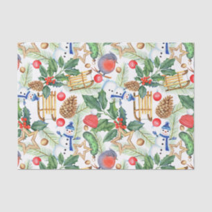 Papel De Seda Navidad Fiesta Xmas Muñeco de Nieve, Piñas, Acebo