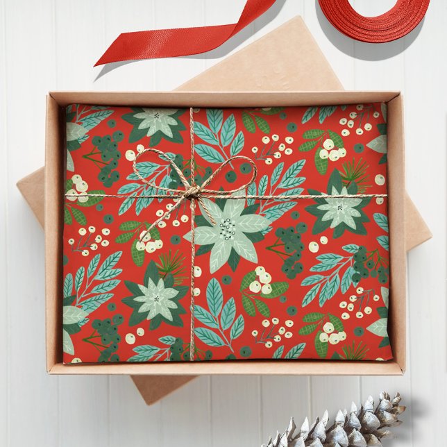 Papel De Seda Navidad Floral Roja de Fiesta (Christmas Red Floral Holiday Tissue Paper)