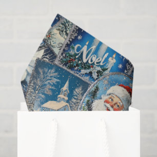 Papel De Seda Navidad Retro Vintage: Collage Azul