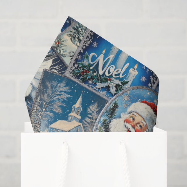 Papel De Seda Navidad Retro Vintage: Collage Azul (Bolsa de regalo)