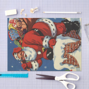 Papel De Seda Navidad Vintage, Santa Claus bajando por la chimen