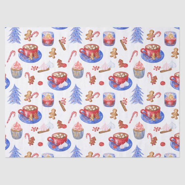 Papel De Seda Navidades acuarela chocolate caliente y dulces (Anverso)