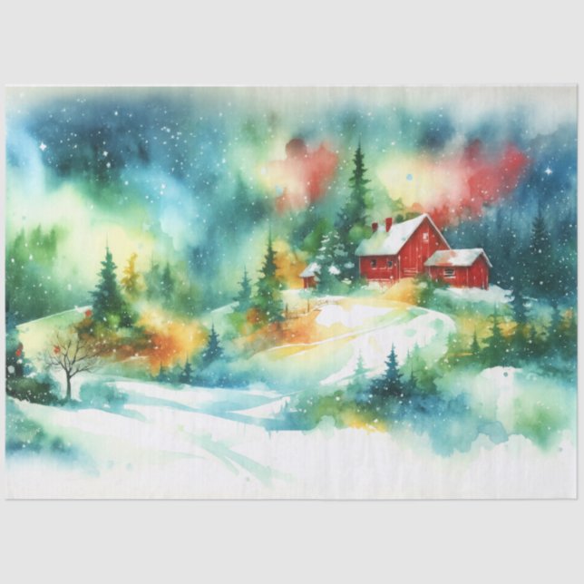 Papel De Seda Navidades acuarela Escena de invierno rural (Anverso)
