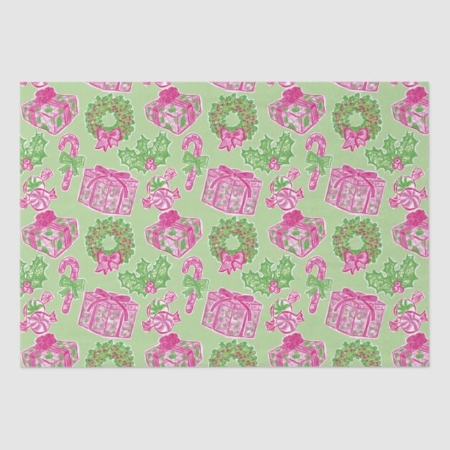 Papel De Seda Navidades adormidera rosados y verdes y arcos (Anverso)