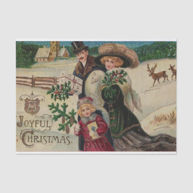 Papel De Seda Navidades alegres familia victoriana y aldea (Anverso)