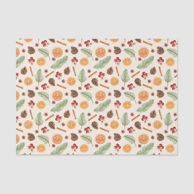 Papel De Seda Navidades botánicos de especias naranjas (Anverso)