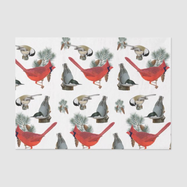 Papel De Seda Navidades Cardenal de aves Nuthatch Chickadee Niev (Anverso)