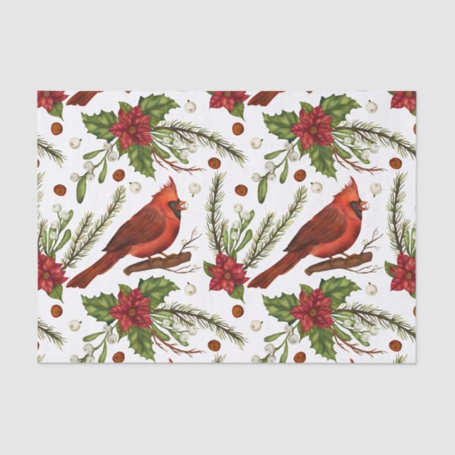 Papel De Seda Navidades Cardenal Rojo Poinsettia Green Pine (Anverso)