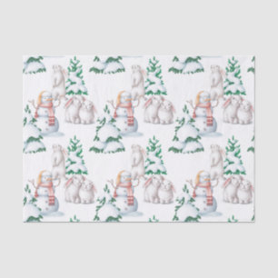 Papel De Seda Navidades Conejos de Nieve Ilustracion de Árboles