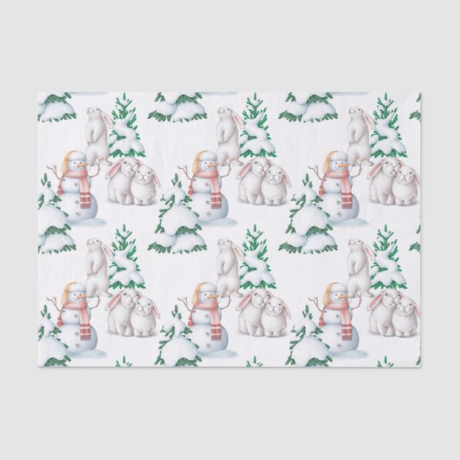 Papel De Seda Navidades Conejos de Nieve Ilustracion de Árboles (Anverso)