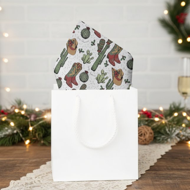 Papel De Seda Navidades Country Cowboy Howdy (Elegant White Howdy Christmas Western Cowboy Ivory Tissue Paper. Cute Cowgirl Boots & Cactus Pattern)