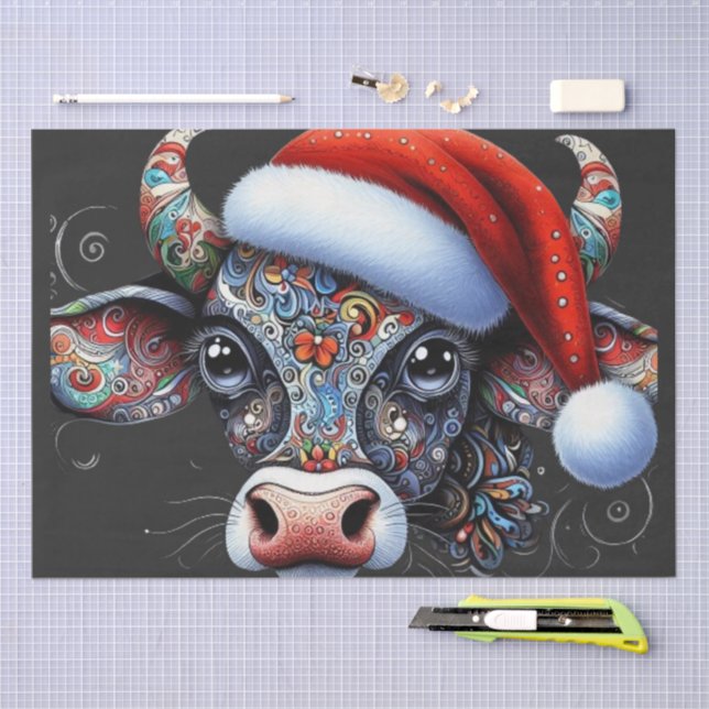 Papel De Seda Navidades Cow Bull con Santa Hat Folk Art Decoupag (Artesanía)