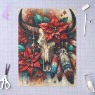 Papel De Seda Navidades Cow Bull Skull Poinsettias Decoupage
