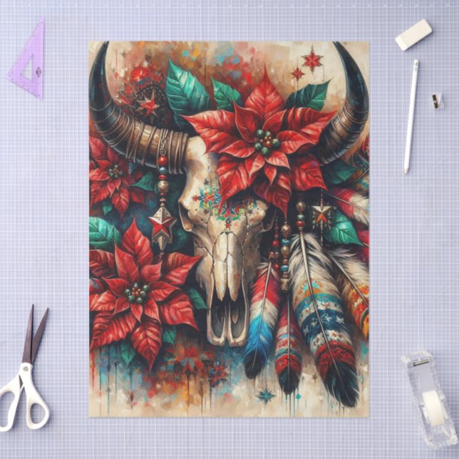 Papel De Seda Navidades Cow Bull Skull Poinsettias Decoupage (Artesanía)