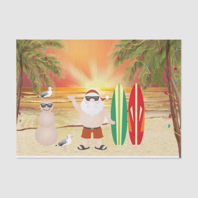 Papel De Seda Navidades Cute Santa y Surfboard Beach Surfing (Anverso)