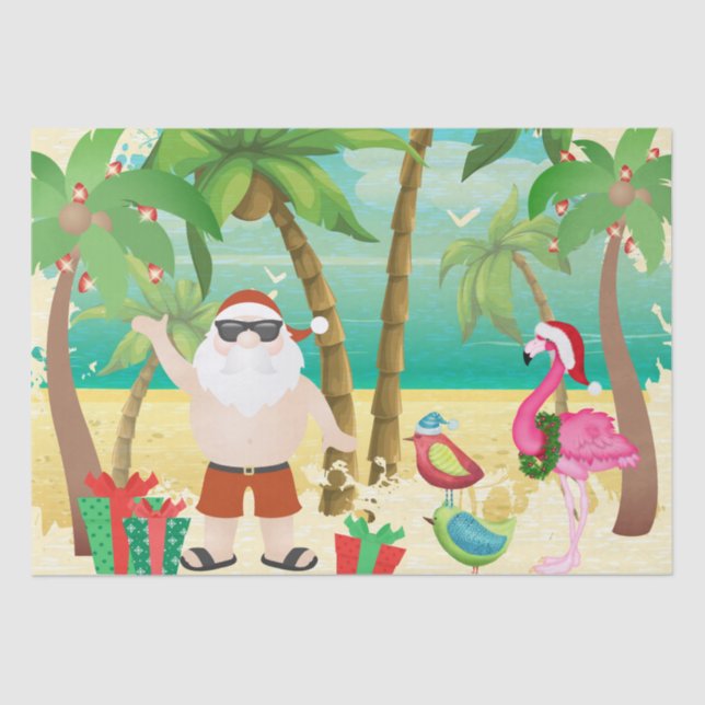 Papel De Seda Navidades Cute Santa y Tropical Birds Beach (Anverso)