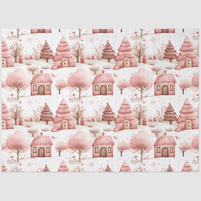 Papel De Seda Navidades Cute Whimsical Pink Winter Wonderland (Anverso)
