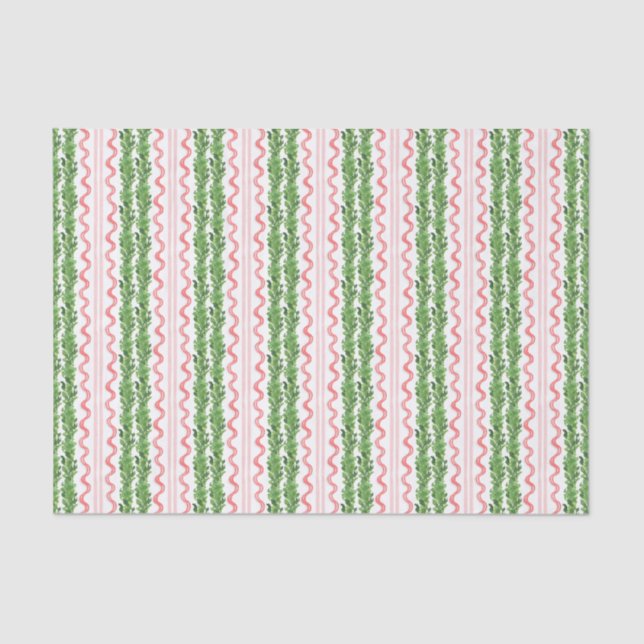 Papel De Seda Navidades de acuarela Garland & Red Ribbon Stripes (Anverso)