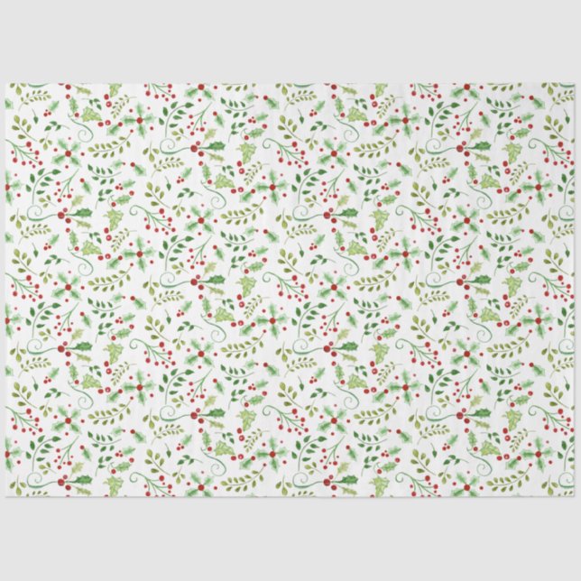Papel De Seda Navidades de acuarela Holly Berry deja verde rojo (Anverso)
