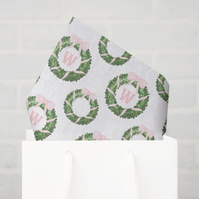 Papel De Seda Navidades De Bow Rosado Monograma Wreath (Bolsa de regalo)