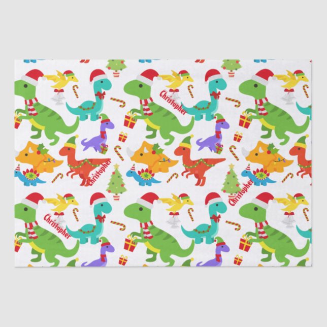 Papel De Seda Navidades de Dinosaurios Cutos Personalizados (Anverso)