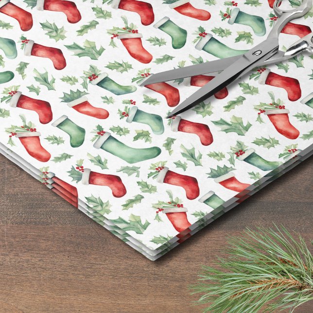 Papel De Seda Navidades de Fiesta de Acuarela de Vacaciones (Festive Holiday Watercolor Stocking Christmas Tissue Paper)