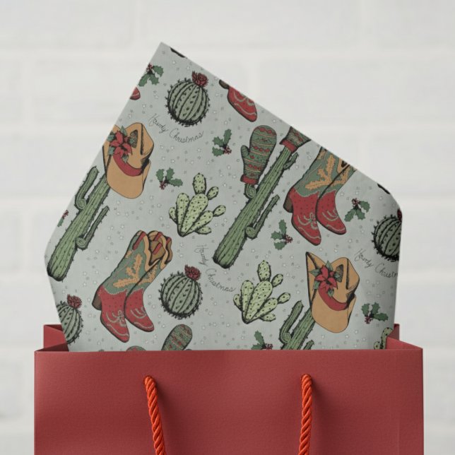Papel De Seda Navidades de Green Country Cowboy Howdy (Elegant Ivory Howdy Christmas Western Cowboy Ivory Tissue Paper. Cute Cowgirl Boots & Cactus Pattern)