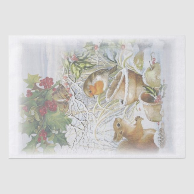 Papel De Seda Navidades de invierno Red Robin Bird Squirrel (Anverso)