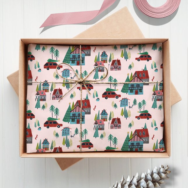 Papel De Seda Navidades de la Villa Rosa y del Retro de Árbol de (Festive Pink Village & Car Tree Retro Christmas Tissue Paper)