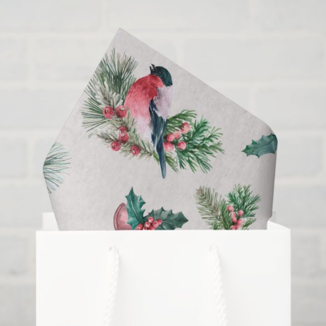 Papel De Seda Navidades de moda Holiday Bullfinch Pine Holly (Bolsa de regalo)