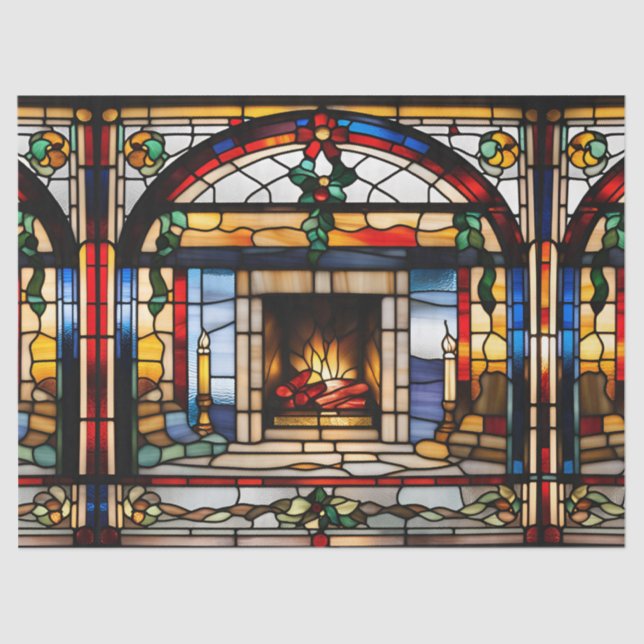 Papel De Seda Navidades De Vidrio Manchado Faux Fireplace Decoup (Anverso)