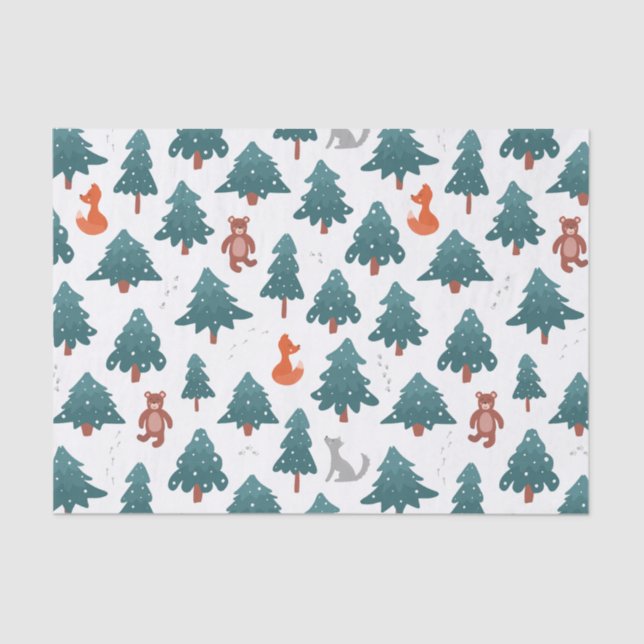 Papel De Seda Navidades de Woodland - Árboles, oso y Fox (Anverso)