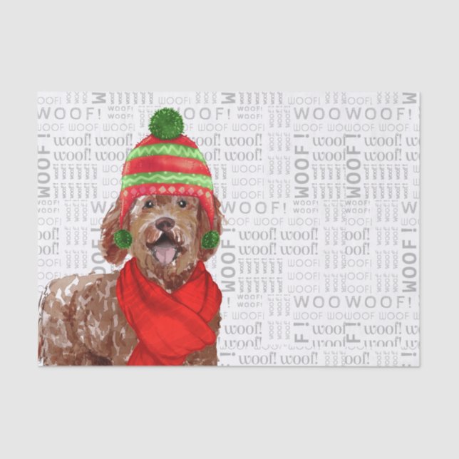 Papel De Seda Navidades de Woof Word Art y Brown Labradoodle Dog (Anverso)