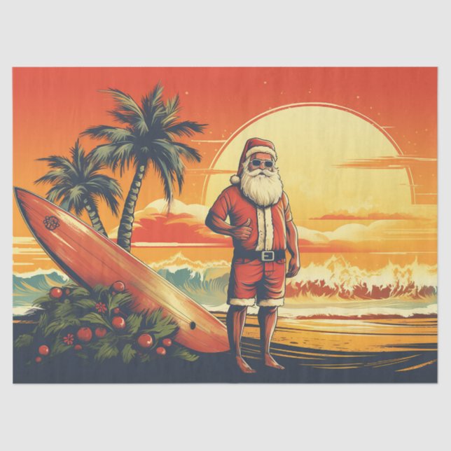 Papel De Seda Navidades del Santa y Surfboard Retro Surfing Beac (Anverso)