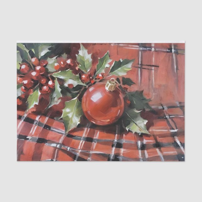 Papel De Seda Navidades desentienden holly y ornamentos (Anverso)