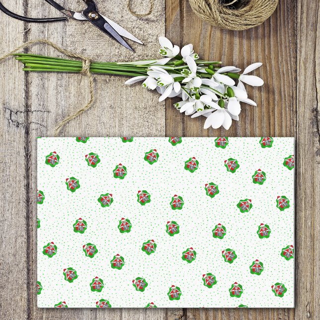 Papel De Seda Navidades divertidos esqueletan sombreros Santa en (Christmas skeletons ornament eyes Santa hats green polka dots on white wrapping tissue paper.)
