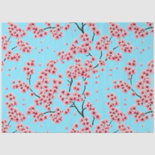 Papel De Seda Navidades elegantes de cerezo rosa en flor azul ci