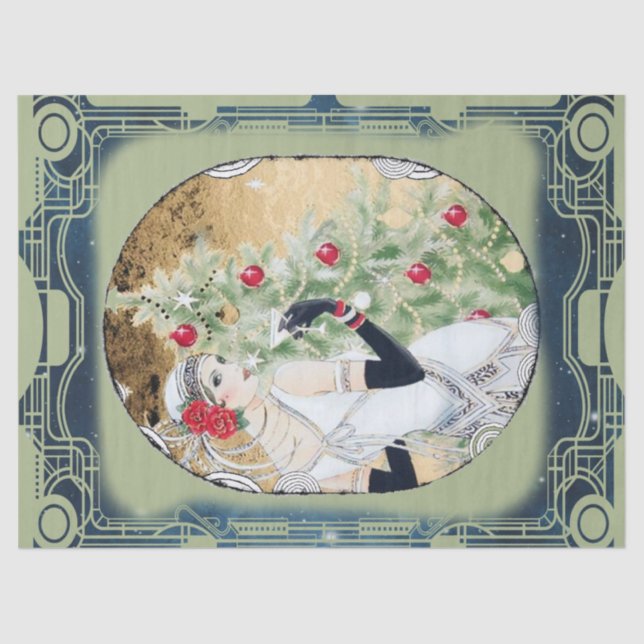 Papel De Seda Navidades Flapper Chica con bebida y árbol (Anverso)