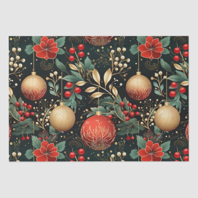 Papel De Seda Navidades florales Patrón de Moda Oro Verde Rojo (Anverso)