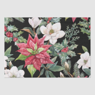 Papel De Seda Navidades Flores Rojas Blancas Poinsettias Negro