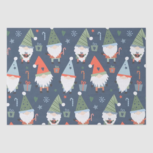 Papel De Seda Navidades Gnomes Santa Claus Blue Green Whimsical (Anverso)