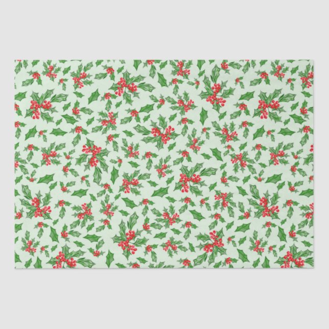 Papel De Seda Navidades hojas huecas y bayas rojas y verdes (Anverso)