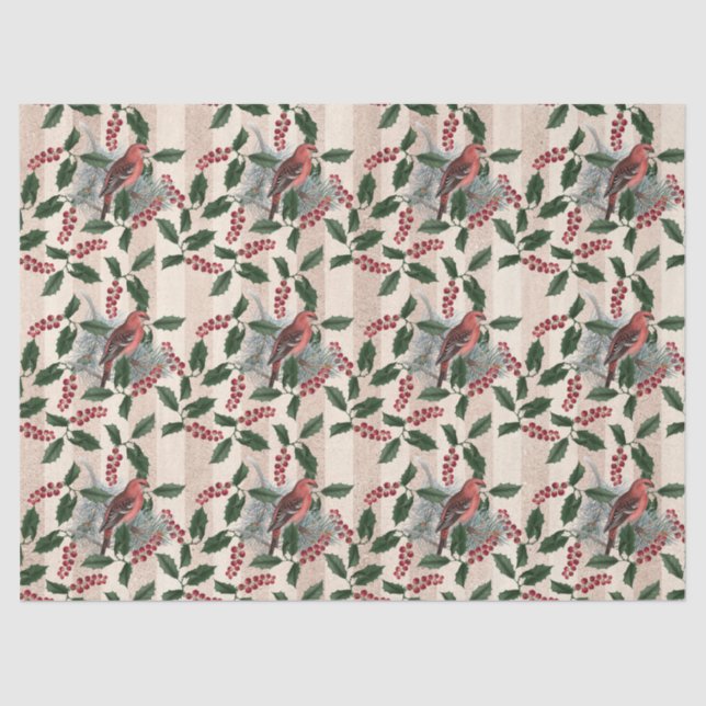 Papel De Seda Navidades Holly Berries y Aves Desnudan (Anverso)