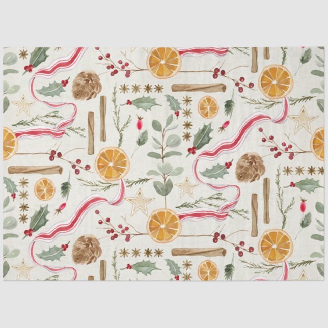 Papel De Seda Navidades Holly Berry Cinnamon Naranja Decoupage (Anverso)