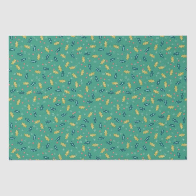 Papel De Seda Navidades Holly Leaves & Berries con Snowflakes (Anverso)