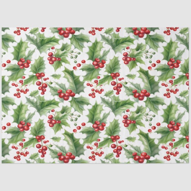 Papel De Seda Navidades Holly Leaves Y Berries Rojos Seamless (Anverso)