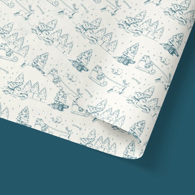 Papel De Seda Navidades modernos de Blue Toile de Jouy (blue toile de jouy illustrations of christmas scenes with santa claus and snowy trees tissue paper)