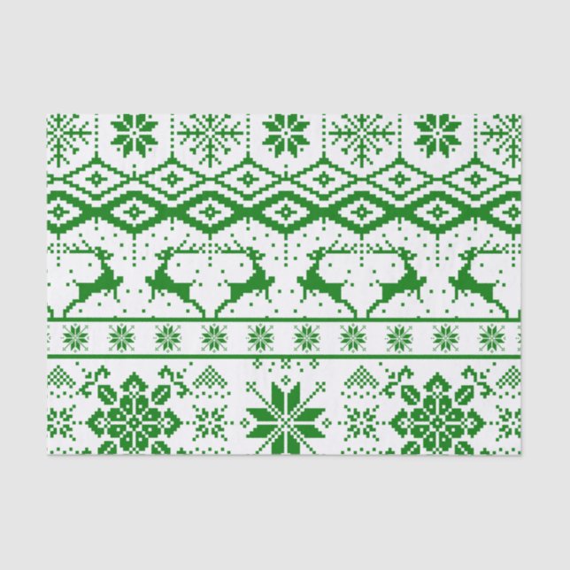 Papel De Seda Navidades Patrón de reno de punto verde (Anverso)