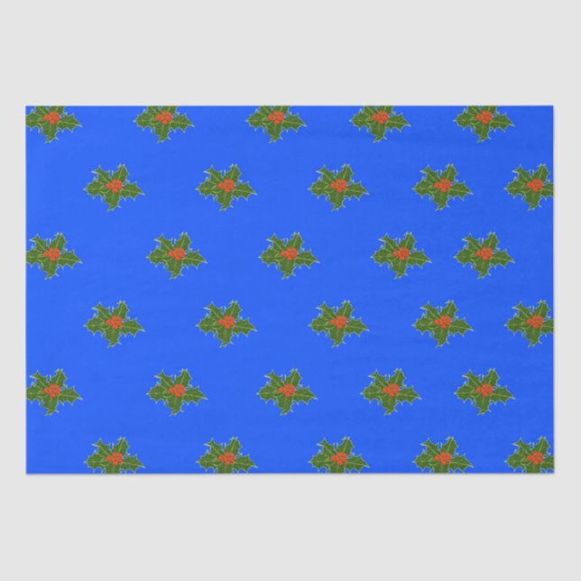 Papel De Seda Navidades Patrón decorativo Holly en azul (Anverso)